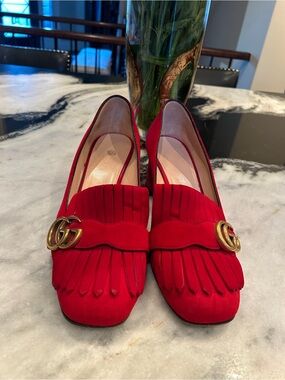 Gucci Red Suede Fringe Loafers with Gold Double G